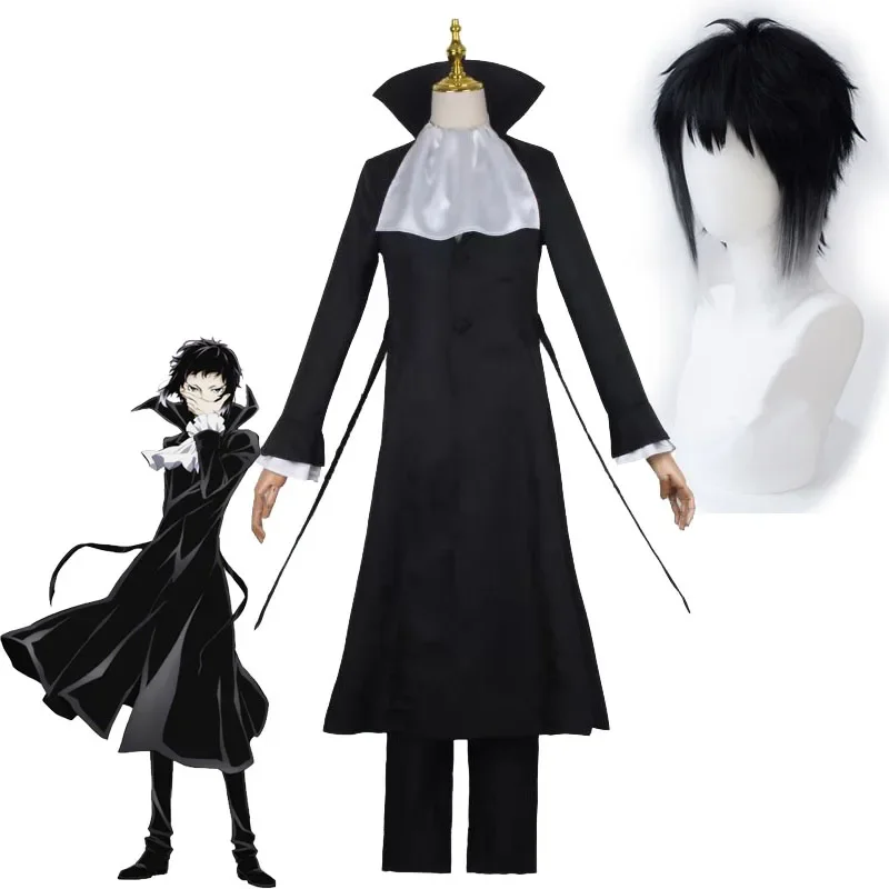 Ryunosuke Akutagawa Cosplay Bungo Zwerfhonden Kostuum Trenchcoat Man En Vrouw Zwart Uniform Pakken Unisex Pruik Accessoires