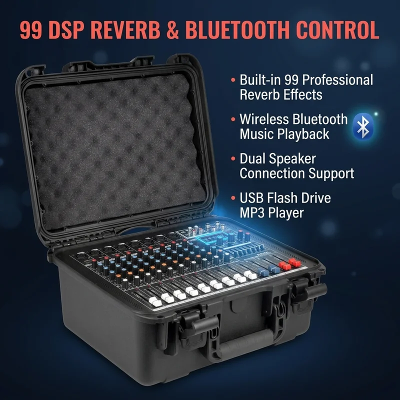 X-960D 8-channel Handheld Portable Audio Mixer, Supporting Dual 450W Passive Speaker Amplifier Output Console, 99 DSP Effects, 7-segment Equalizer, Fan Cooling Bluetooth DJ Mixing Console