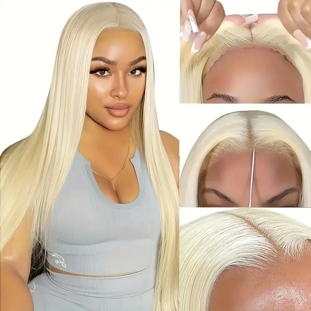 شعر مستعار بشري أشقر مستقيم للنساء ، دانتيل أمامي ، ملتف مسبقًا ، شعر مستعار شفاف ، 13 × 4 ، + + كثافة