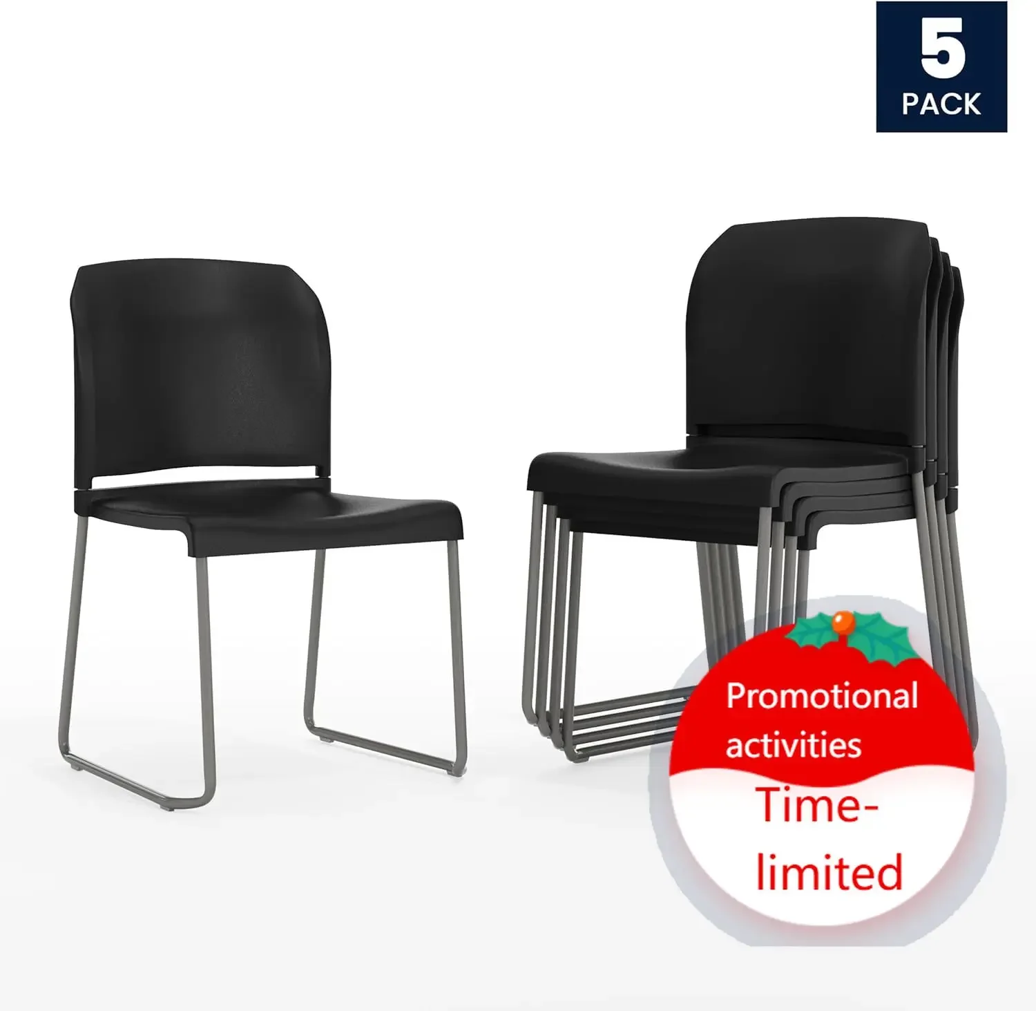 Hercules Series Contoured Stacking Chairs for Waiting Rooms and Offices, Ergonomic Lobby Chairs with Curved Back, Set of 5, Blac