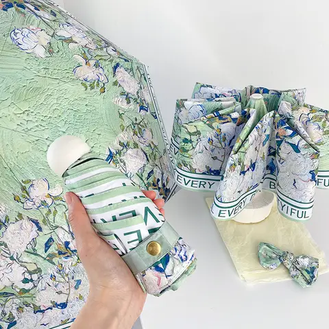 Paraguas Verde con Protección UV UPF50+, Diseño Romántico de Flores, Revestimiento de Vinilo Elegante, Sombrilla Plegable para Lluvia y Sol