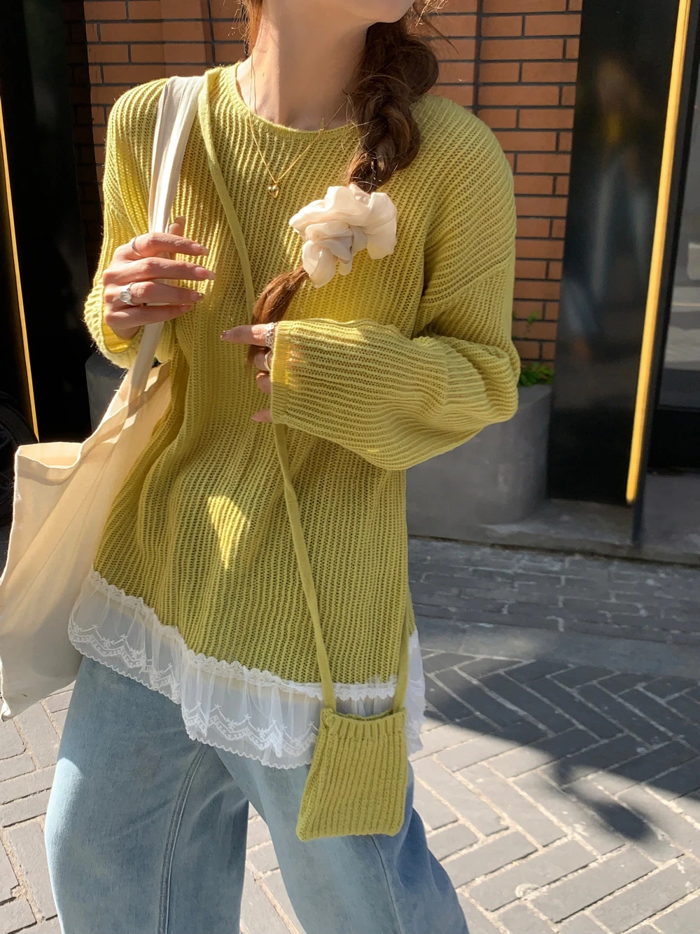 

Women's round Ne Long Sve Lace Splicing Hollow Knitted Sweater Spring 2025 New Sle Korean Sle Loose Fit Knitwear