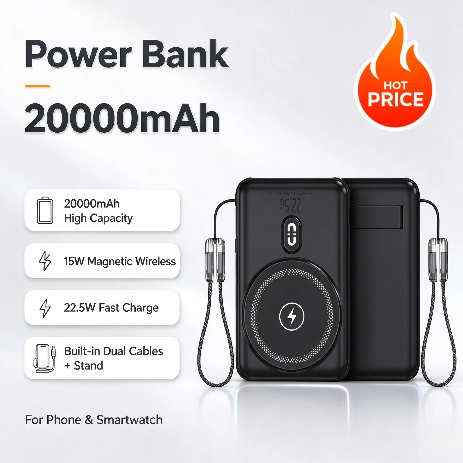 20000mAh Magnetic Power Bank 15W Wireless Charger 22.5W Fast Charge Built-in Dual Cables with Stand for iPhone Android