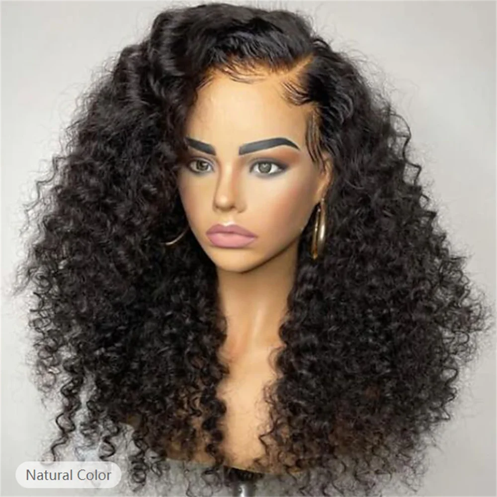 Perruque Lace Front Wig crépue bouclée sans colle pour femmes, cheveux de bébé, douce, longue, noire naturelle, densité 180, préplumée, degré de chaleur, 03/26