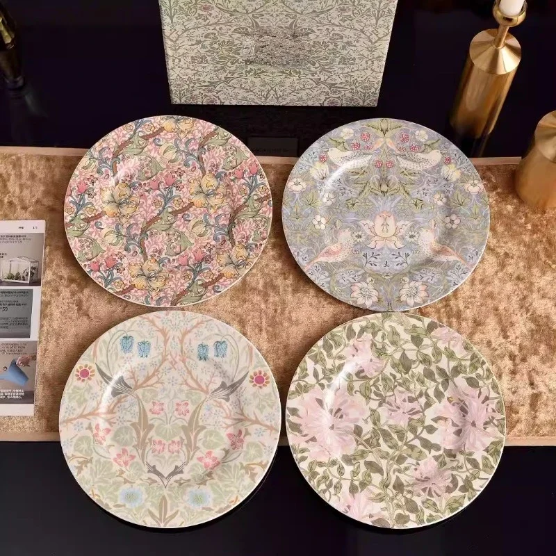 

European Garden Series Ceramic Dining Plate Set of 4, Home Creative Dessert Plate Sets Platos Vajilla Dinner Plate Ceramic