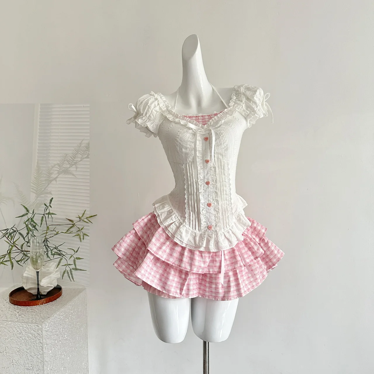 

Japanese Kawaii Lolita Elegant 2 Piece Sets Women Pink Y2k Bow Design Mini Skirt Suit Female Princess Sweet Chic Outfits Summer