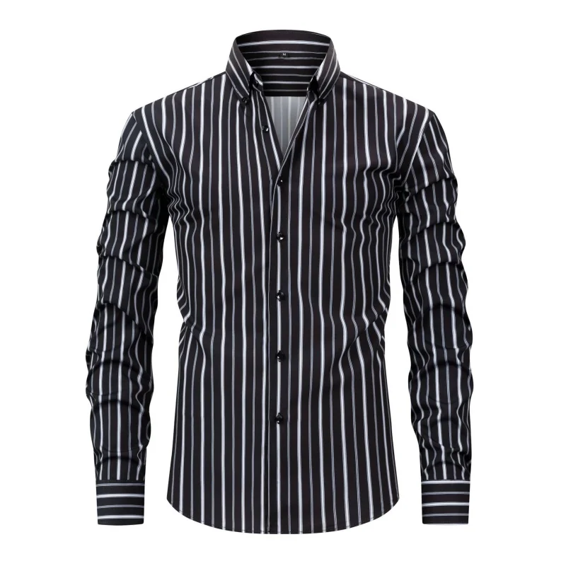 Spring Autumn Men's Printed Striped Long Sleeve Lapel Shirt Fashion Business Casual Slim Fit Shirt