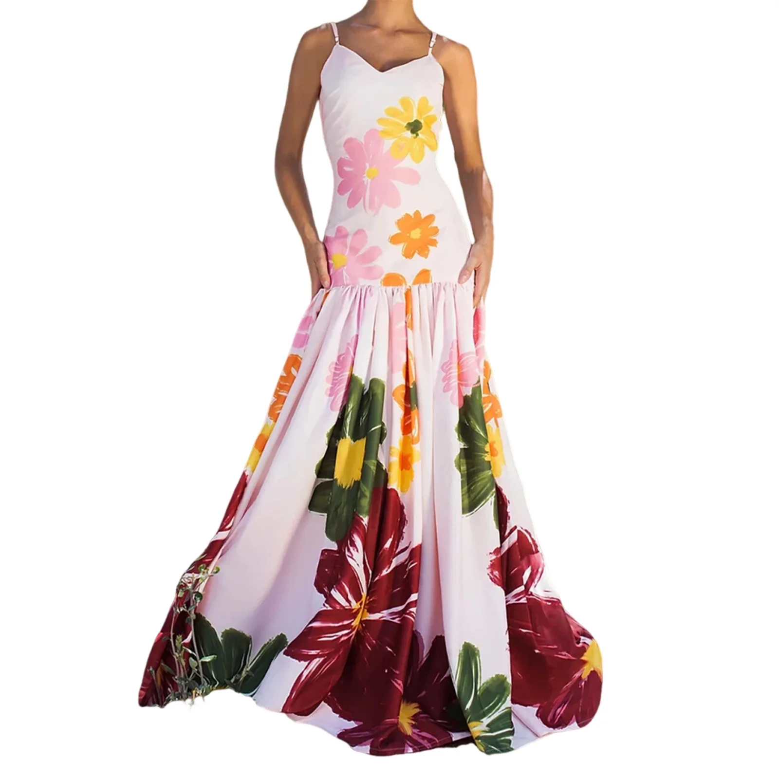 2025 Abiti da festa stile spiaggia Abito estivo lungo da donna senza maniche con stampa floreale Abito con cinturino per spaghetti con orlo fluido