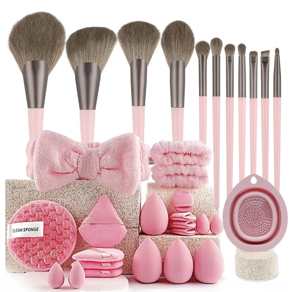 Make-up kwasten en sponzen set, roze make-up bladerdeeg, schoonheid ei, hoofdband, polsband verwijderaar kit, make-up tool, cadeau 21-32 stuks