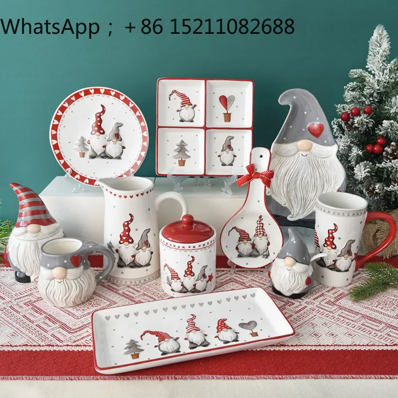 SCY Santa Claus Dishes Plates Cutlery Set Embossed Rice Salad Bowl Ceramic Flat Plate Cup Teapot