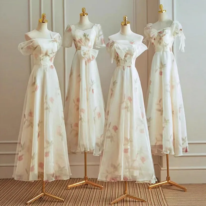 

2025 New Women's Printed Temperament French Suspender Bridesmaid Evening Dress Fashionable Slimming Student Graduation Dress