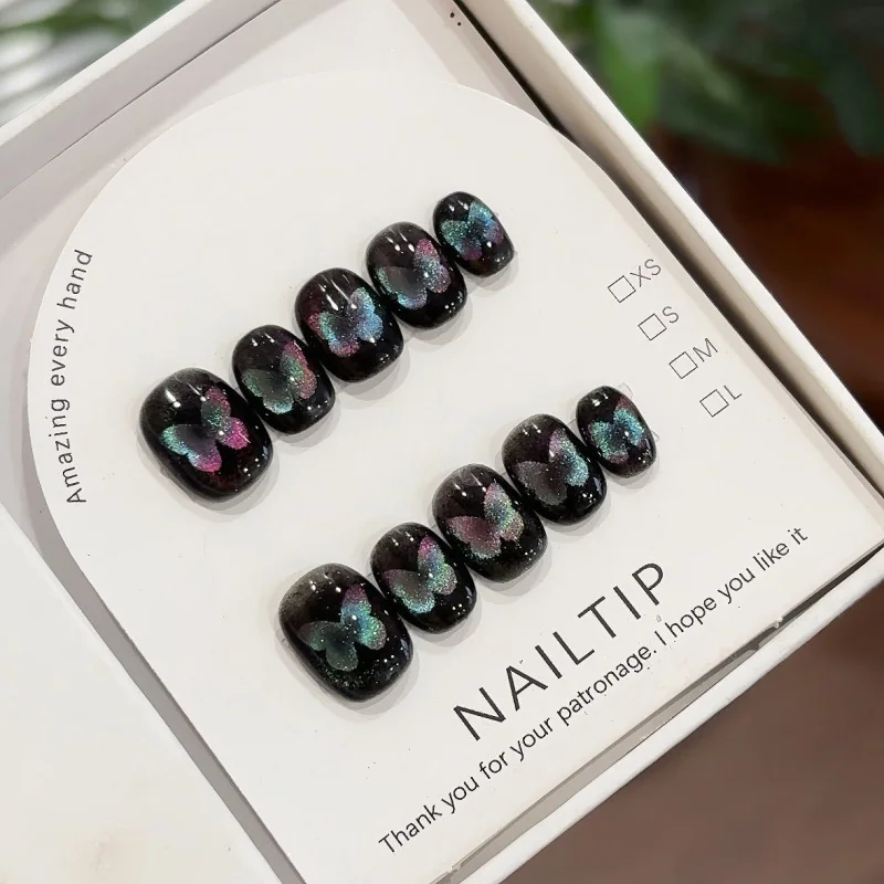 10Pcs Handmade Nails Hollow Cat Eye Black Dreamy Starry Sky Glitter Press-On Nail Tips Perfect for Gifting to Girls and Friends