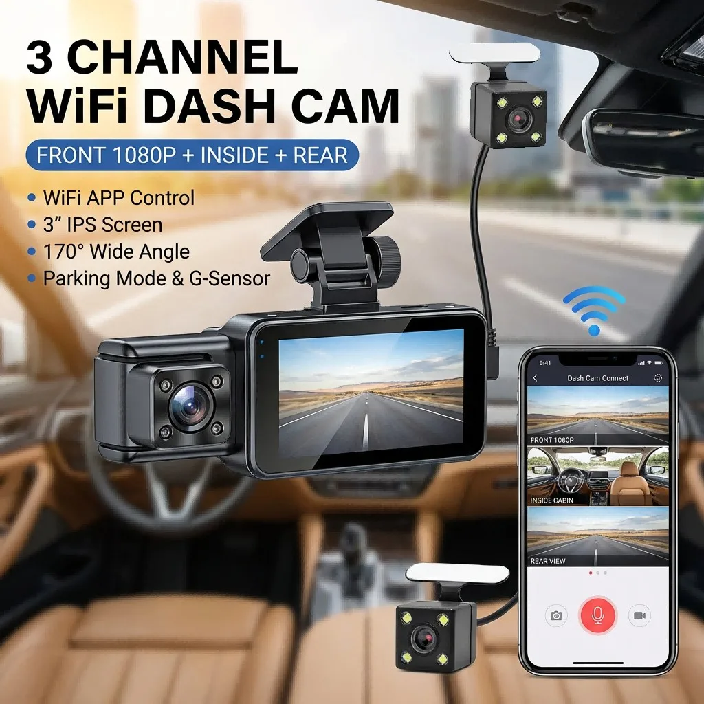 

Triple Car Dash Cam 1080P Video Recording Front Rear Inside Camera 3" Screen WiFi APP DVR with Motion Detection Loop Recording