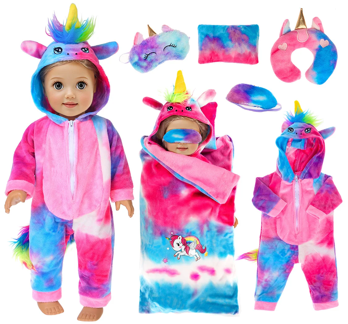 

18 inch Doll Clothes and Accessories-Unicorn Doll Costume Colorful Tie-Dyed Pajamas Sleeping Bag Set (No Doll)