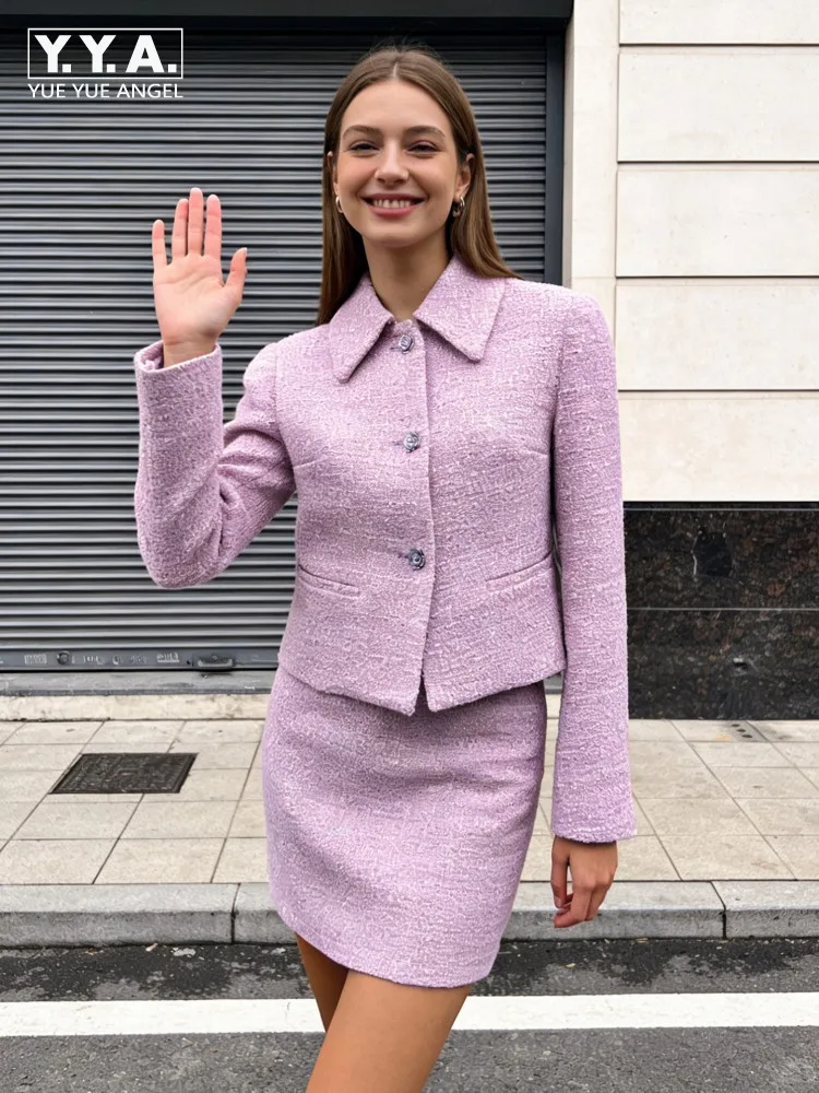 High Quality Slim Female Single Breasted Jacket Outfits Ladies Purple Jackets Skirt Two-Piece Set Above Knee Skirts Coat Sets