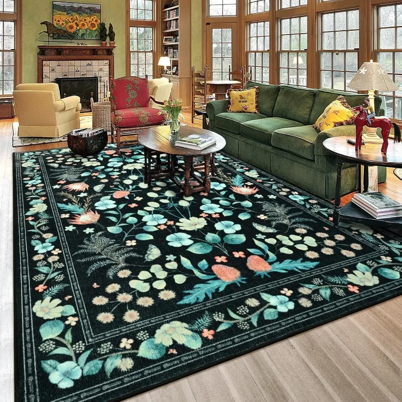 Wohnzimmer-Teppiche, Lila-Blauer Vintage-Teppich für Schlafzimmer, Rutschfester Blumenteppich für Zuhause, Büro, Kinderzimmer, Esszimmer, Küche