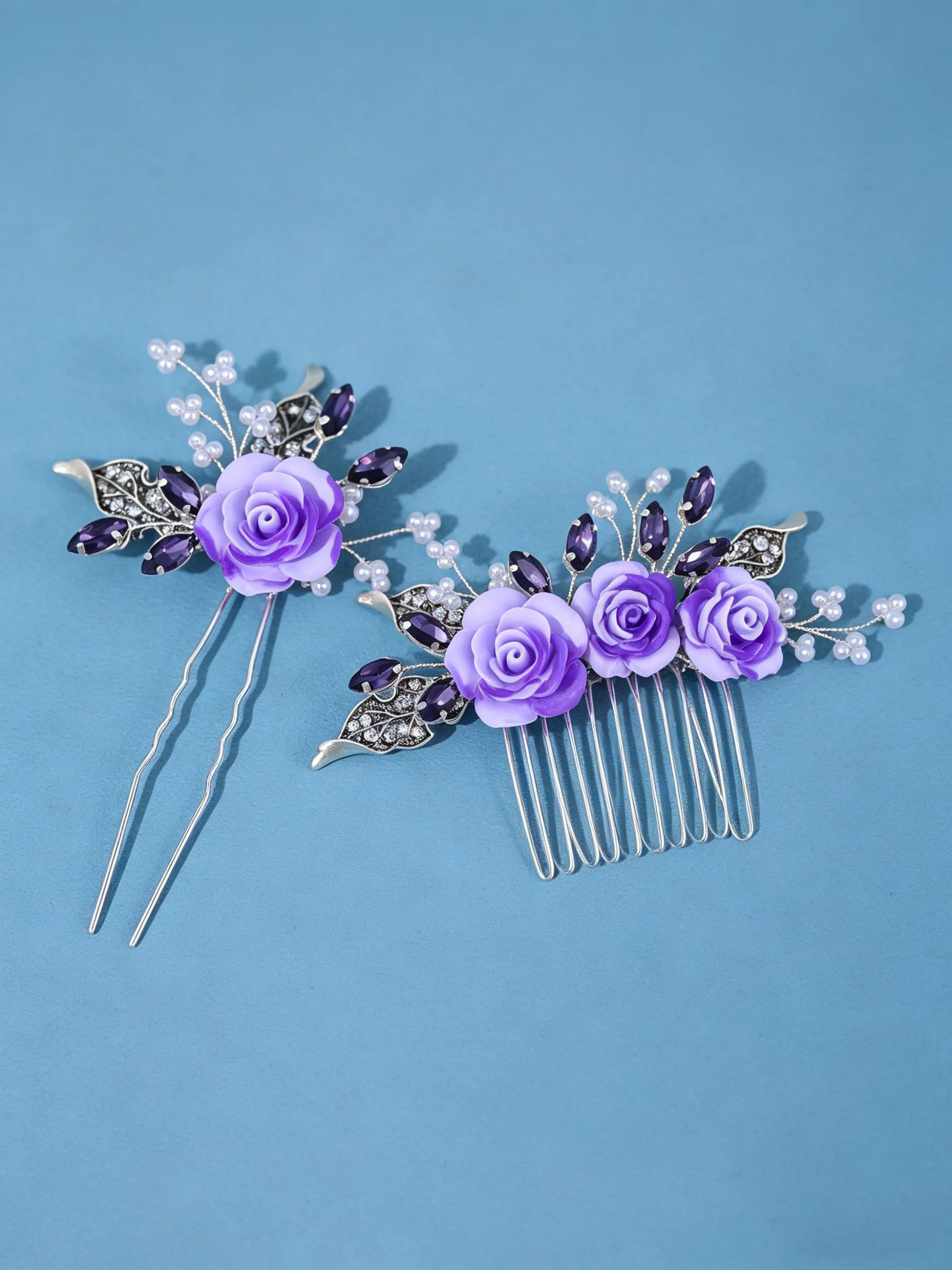 Blue  Crystal Hair Comb Silver Leaf Bridal Headpiece Wedding Hair Accessories Women Party Prom Formal Floral Hair Clip image 3