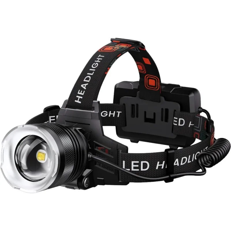 

LED Rechargeable Headlamp 900000 Lumens Bright with 5 Modes IPX7 Level Waterproof USB Rechargeable Zoom Headlamp 90° Adjustable