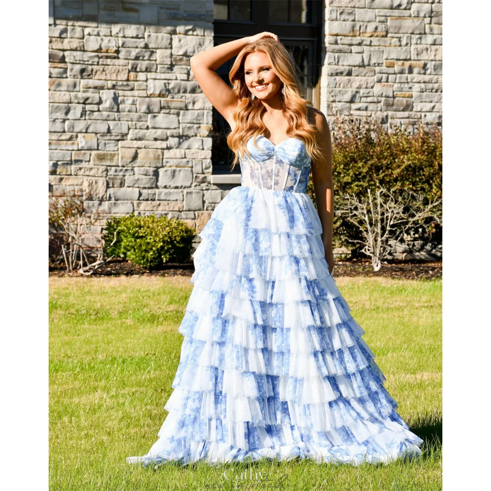 

Кэти, синее платье для выпускного вечера с цветочным принтом и многоуровневыми оборками, милое платье без бретелек, трапециевидное платье длиной до пола, торжественное