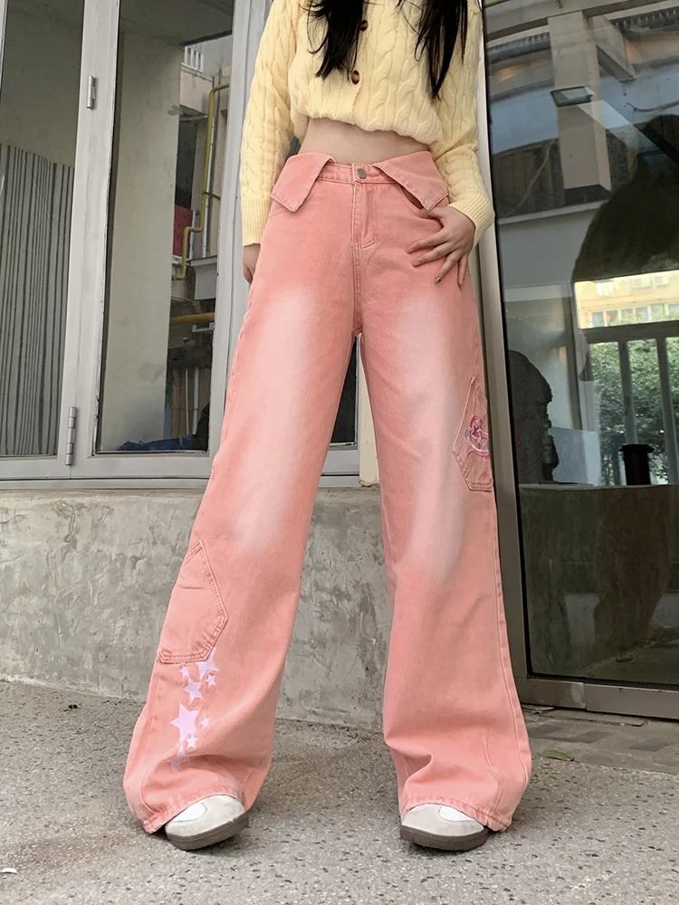 

Pink Star Embroidered High Waist Baggy Jeans Women Pants y2k Streetwear Jeans Capris Mommy Jeans Flip Waist Wide Leg Trousers