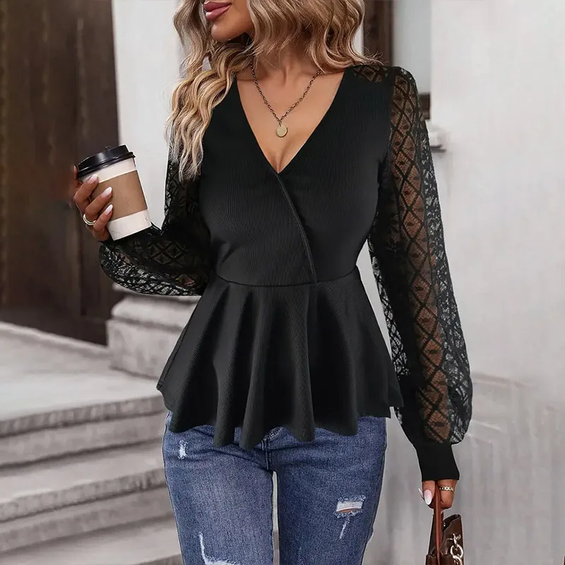 

Fashionable Elegant Women's Top With Black Mesh Sleeves Deep V-hem Pleated T-shirt Versatile For Women Autumn 2025 New Product