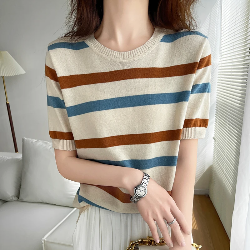 Women\'s T-Shirt Summer 100% Cotton Sweater Short Sleeve Striped Knitted Round Neck Ladies Tops Loose Blouse Pullover Tees