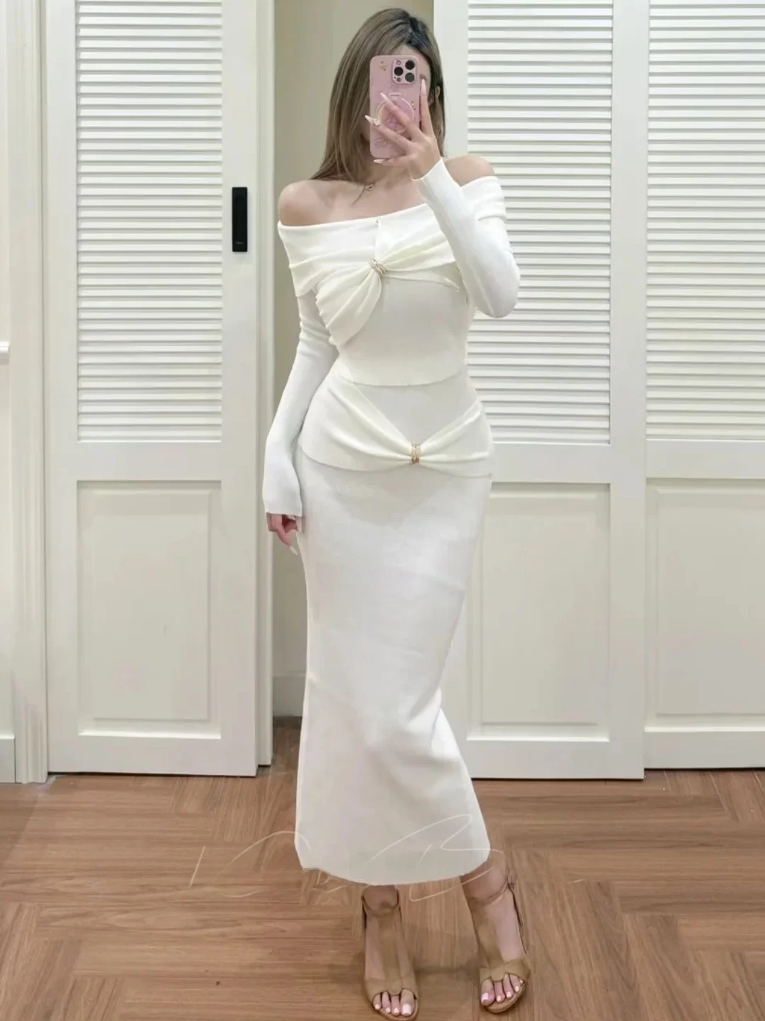 

French Sle Long Sve Knitted Sweater with Golden Bule One oulder Design And Knot Slim Fit Long Skirt Set fo...