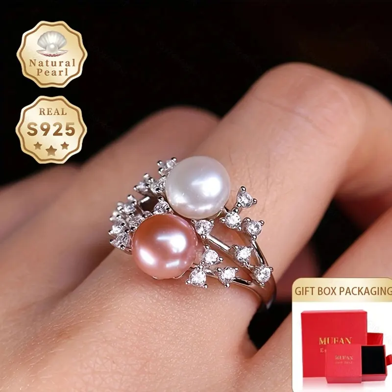 

Mufan Jewelry Gift Box Set Pearl Ring Silver Dual-Color Flat round Natural Freshwater Pearl Adjustable Open Ring