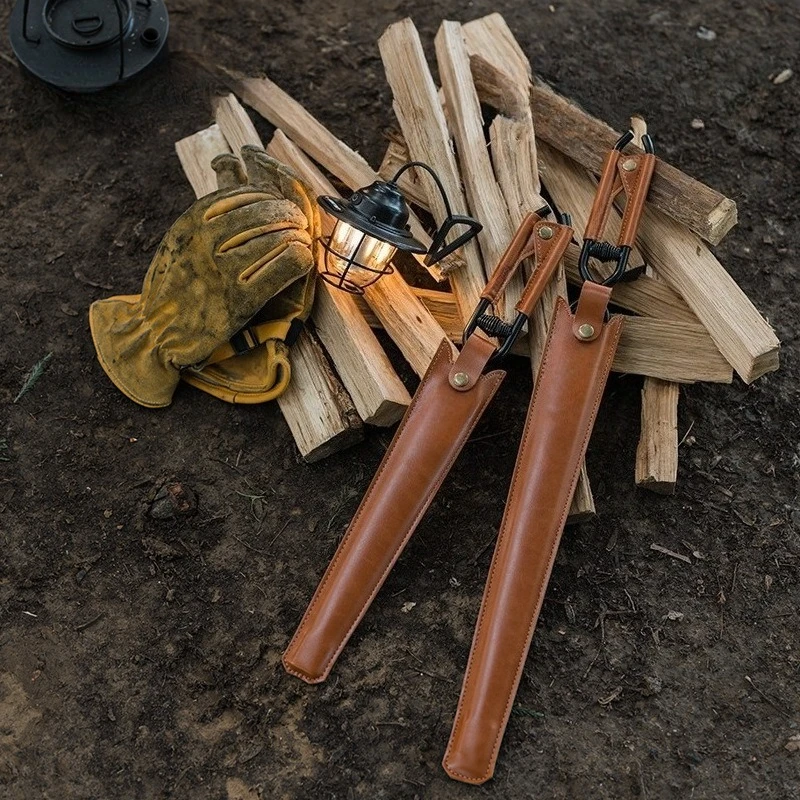 extended-carbon-steel-fire-tongs-large-outdoor-camping-poker-tool-heat-resistant-with-protective-leather-sheath
