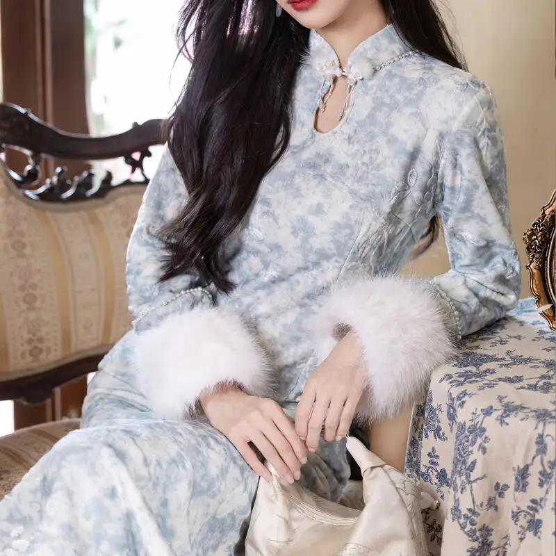 

Ципао для молодой девушки, новое винтажное платье в китайском стиле, осенне-зимнее новое женское платье Cheongsam, элегантное платье с принтом, платье ханьфу