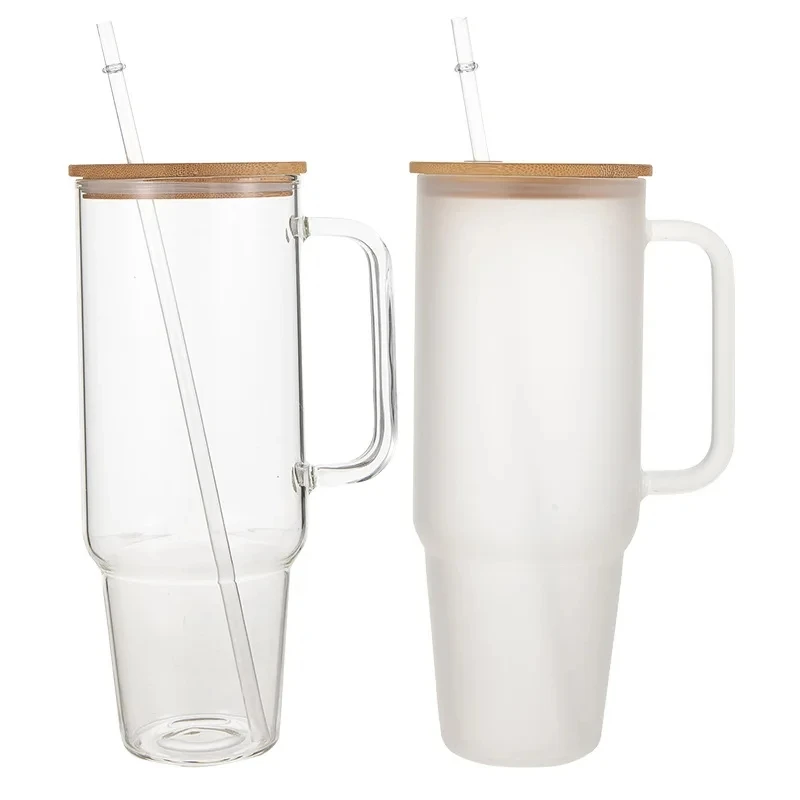 

40OZ Glass Cup Wooden Lid Bubble Tea Cold Drinking Coffee Wine Juice Milk Transparent Straw Car Mug Cup Drinkware Water Bottle