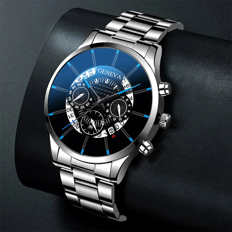 3PCS Set Fashion Mens Business Watches Men Casual Silver Bracelet Necklace Stainless Steel Quartz Wrist Watch Relogio Masculino