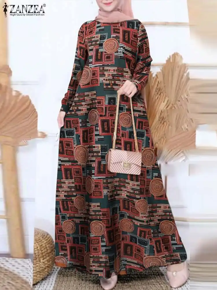 

ZANZEA Vintage Muslim Dresses Women Bohemian Floral Sundress Turkey Abaya Dubai Robe Islamic Clothing Fashion Printed Long Dress