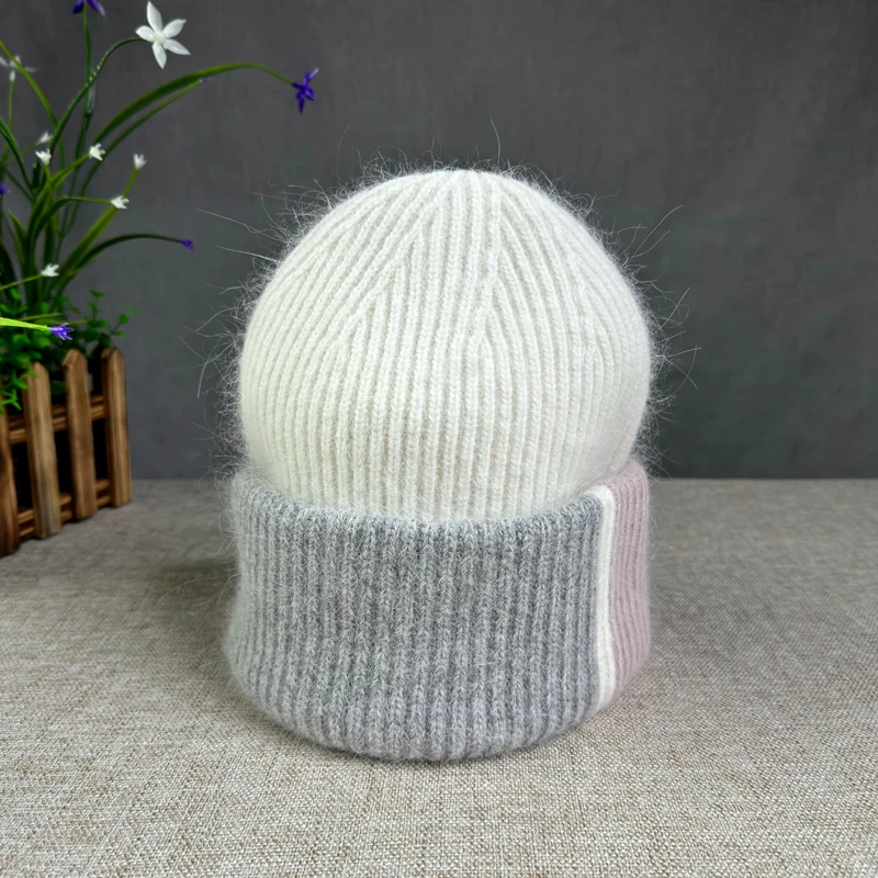 2024 New Rabbit Fur Beanies Soft Warm Winter Hat for Women Angora Knitted Hat Skullies Beanies Female Bonnet Knit Cap