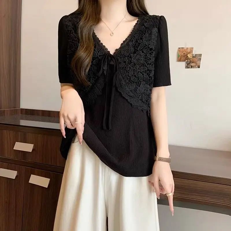 

Black Lace Trim V Neck Short Sleeve T Shirt Women Loose Casual Top Summer Office Wear