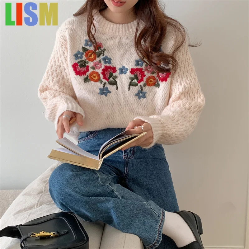 

LISM Flower Embroidered Sweater women's winter clothes y2k hoodies sweatshirt 2025 Knitwear Autumn Winter Casual Knitted Sweater