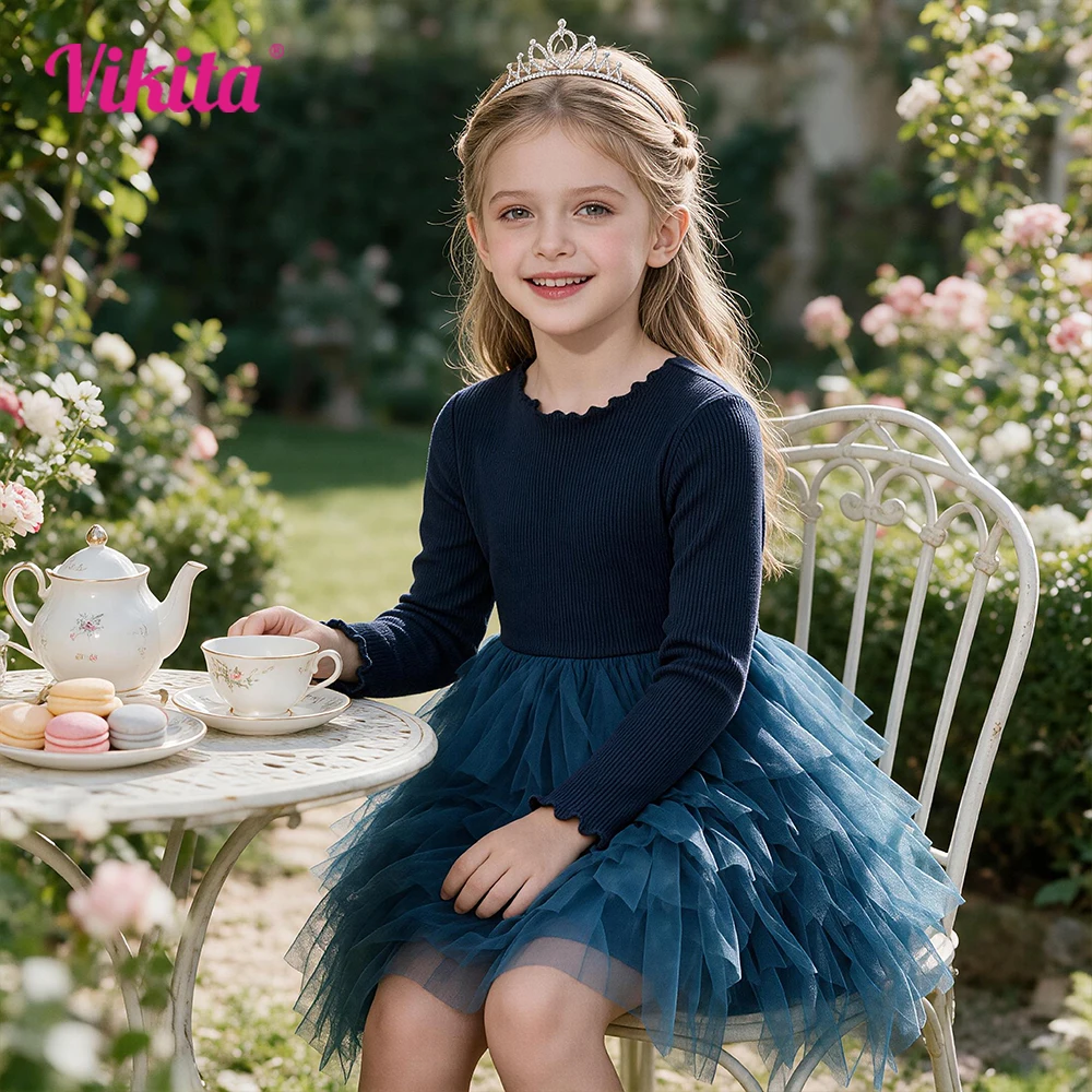 VIKITA Girls Navy Blue Long Sleeve Tutu Dress Toddlers Knitted Birthday Party Holiday Wedding Princess Layered Elegant Outfit