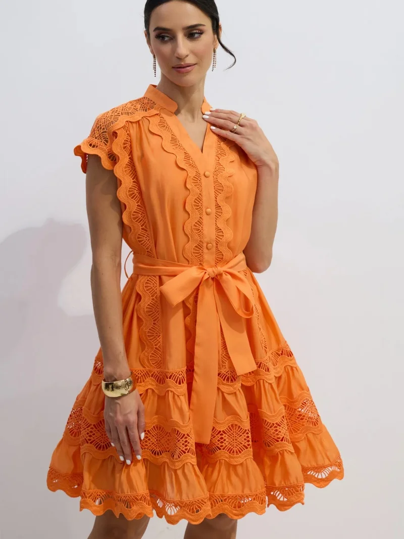 Fashion Hook Flower Hollow Mesh Splice Dress Summer Clothing Women Sleeveless Button Up Mini Dresses Holiday Evening Party Dress