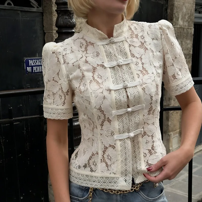 

Tuularose Elegant Lace Blouse Women's Summer New Lace Patchwork Slim Shirt Top Fashion Luxury Commuting Casual Women's Shirt Top