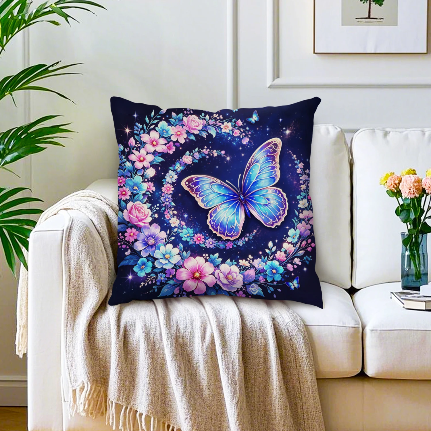 Blue Butterfly Floral Botanical Wreath Celestial Throw Pillow Covers Linen Cushion Cover Home Decor Living Room Sofa Couch Patio