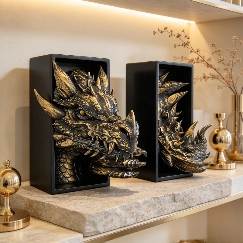 Gothic Dragon Bookend, Creative Resin Statue for Home Office Desk Decor, Fantasy Shelf Ornament, Unique Gift for Book Lovers