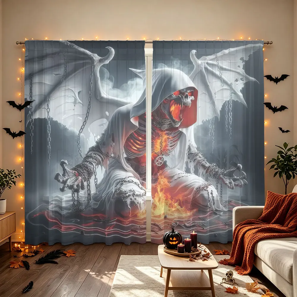 2pcs Gothic Skull Demon Print Rod Pocket Curtains, Light Blocking Privacy Window Drapes For Living Room Bedroom Indoor Home D