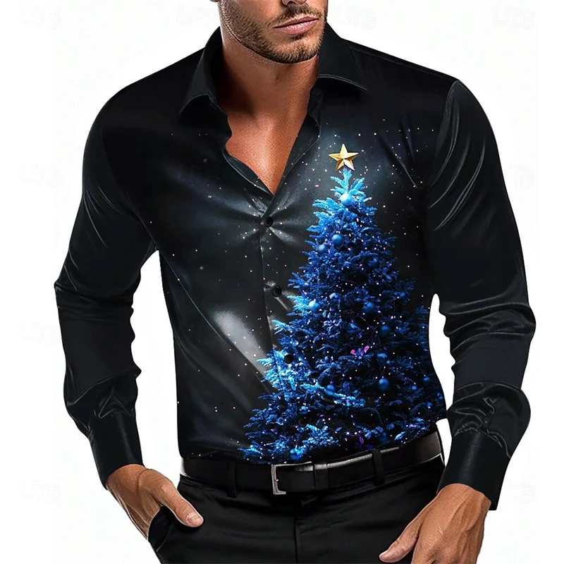 2024 Designed Christmas Tree Print men\'s Shirts Casual Fashion Button Up Collar Long Sleeve Shirt Street Loose Harajuku Men Tops