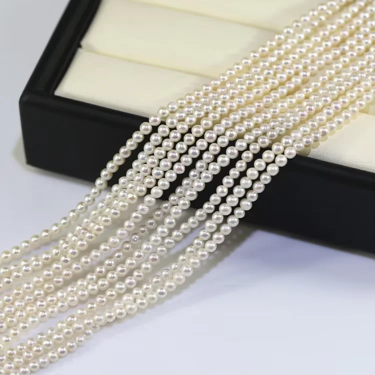 

wholesale 3 strands Real 3-4mm AA round white pearl strands loose beads women lady jewelry DIY