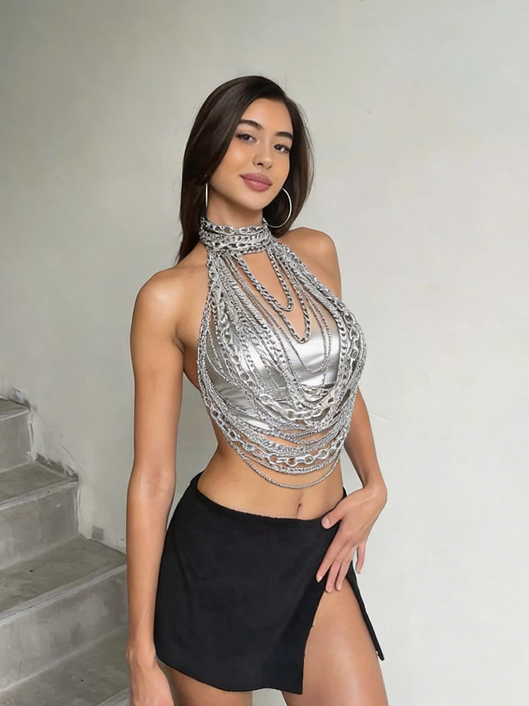 Silver Metal Chain Halter Top Sexy Layered Body Chain Vest Women Festival Rave Party Clubwear Lingerie Jewelry Accessory