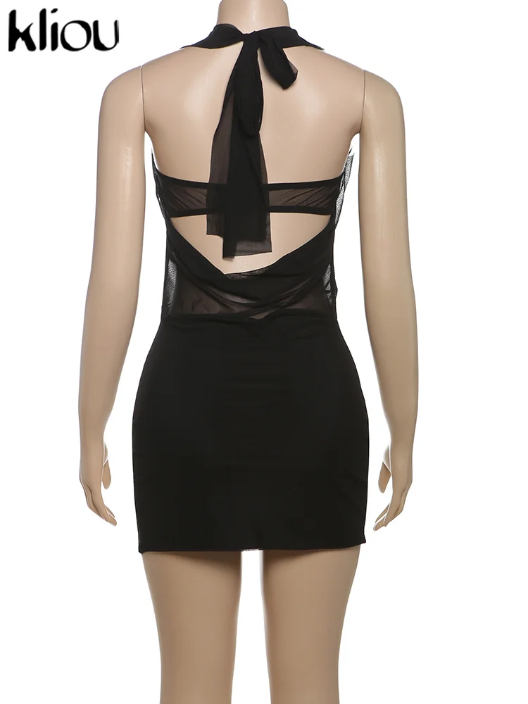 kliou Halter Swinging Neck Women Mini Dress Solid Sexy Hot Backless Bandage Cleavage Hollow Slim Vestido Mujer Nighout Partywear