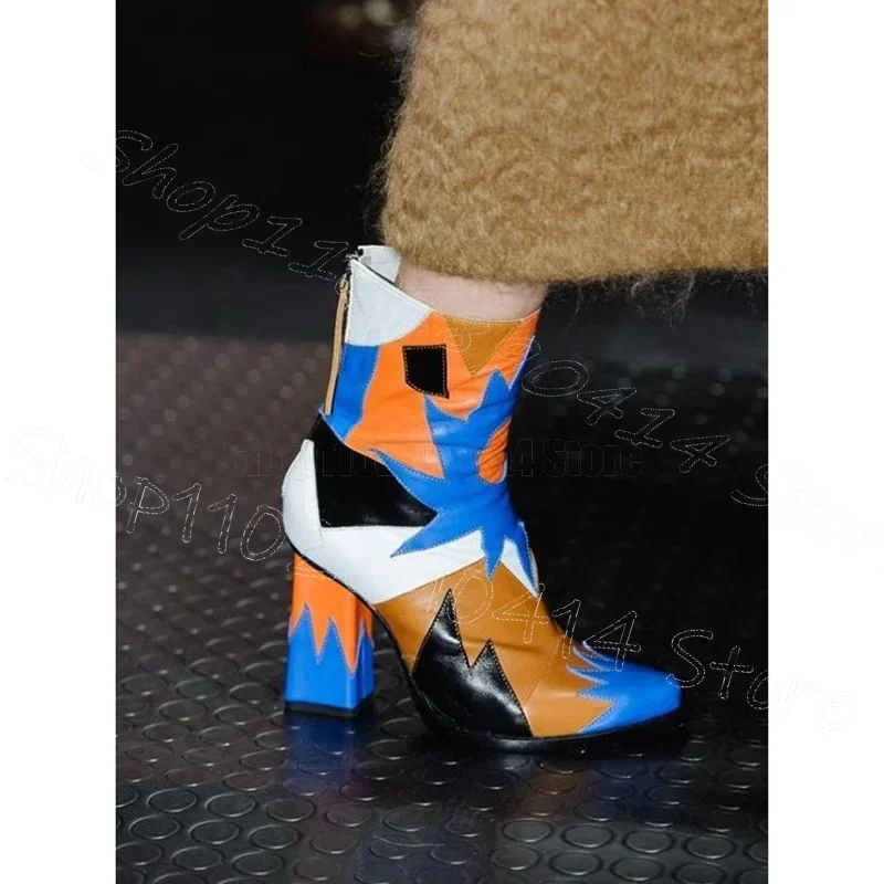 

Colorful Totem Print Pointed Toe Runway Boots Back Zipper Women Shoes Chunky High Heels Party Banquet 2024 Zapatos Para Mujere
