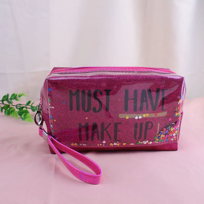 Glittering Colorful letters print Toiletry makeup bag sequins splicing PVC quicksand waterproof colorful travel bag