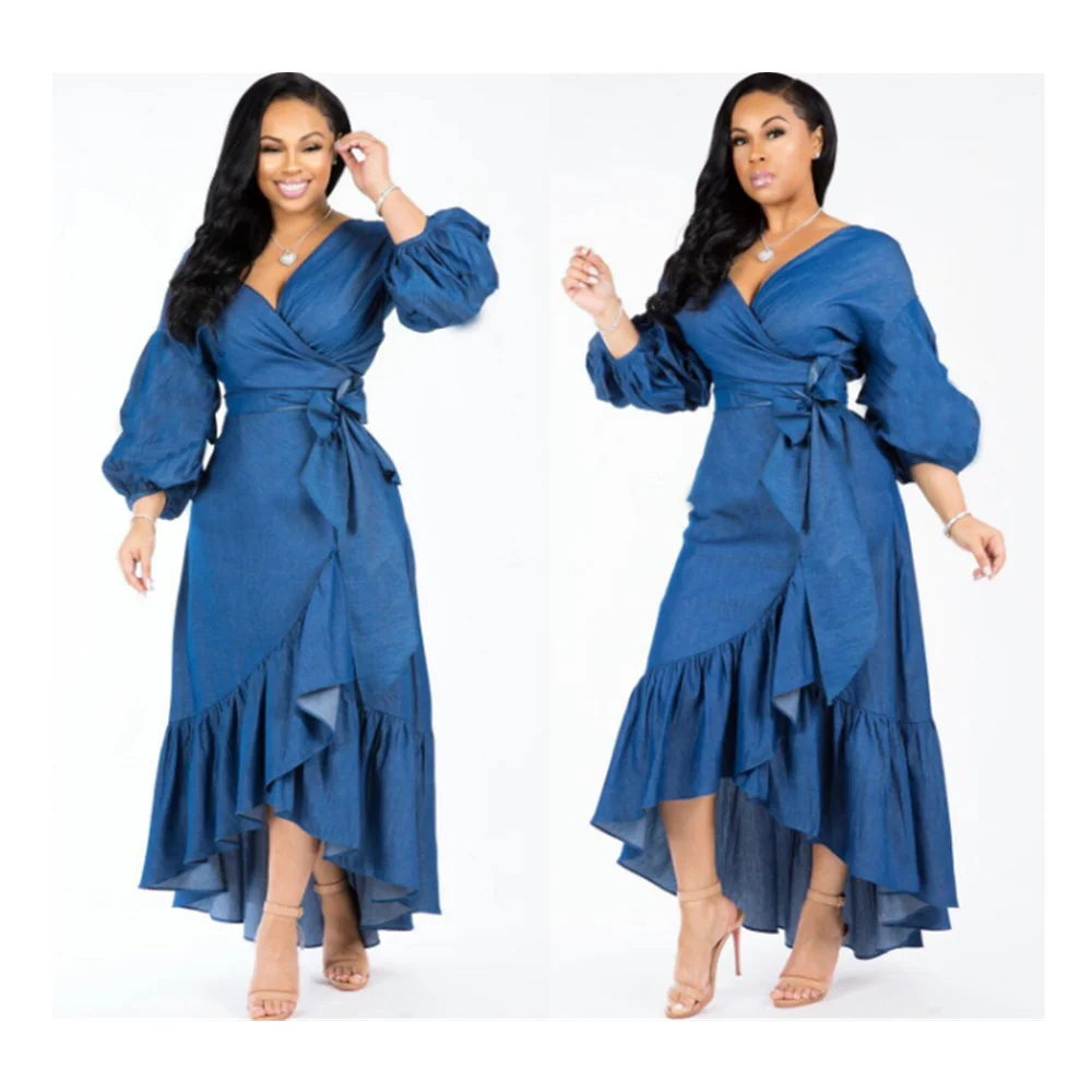 2022 Summer Ruffles Denim Dresses Women 2022 Casual Half Sleeve Loose Maxi Dresses Irregular Short Dress Sundress Vestidos