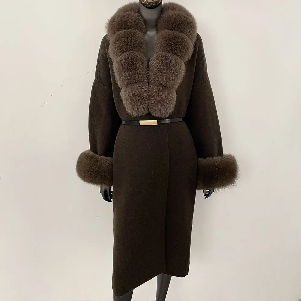 Real Fox Fur Jacket Long Knitwear Coat Female 2025 Autumn Cardigan Fashion New Autumn Women Warm Belt Natural Fur Coat Women